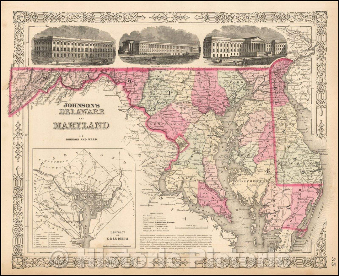 Historic Map - Johnson's Delaware and Maryland [Inset map of Washington DC], 1864, Benjamin P Ward - Vintage Wall Art