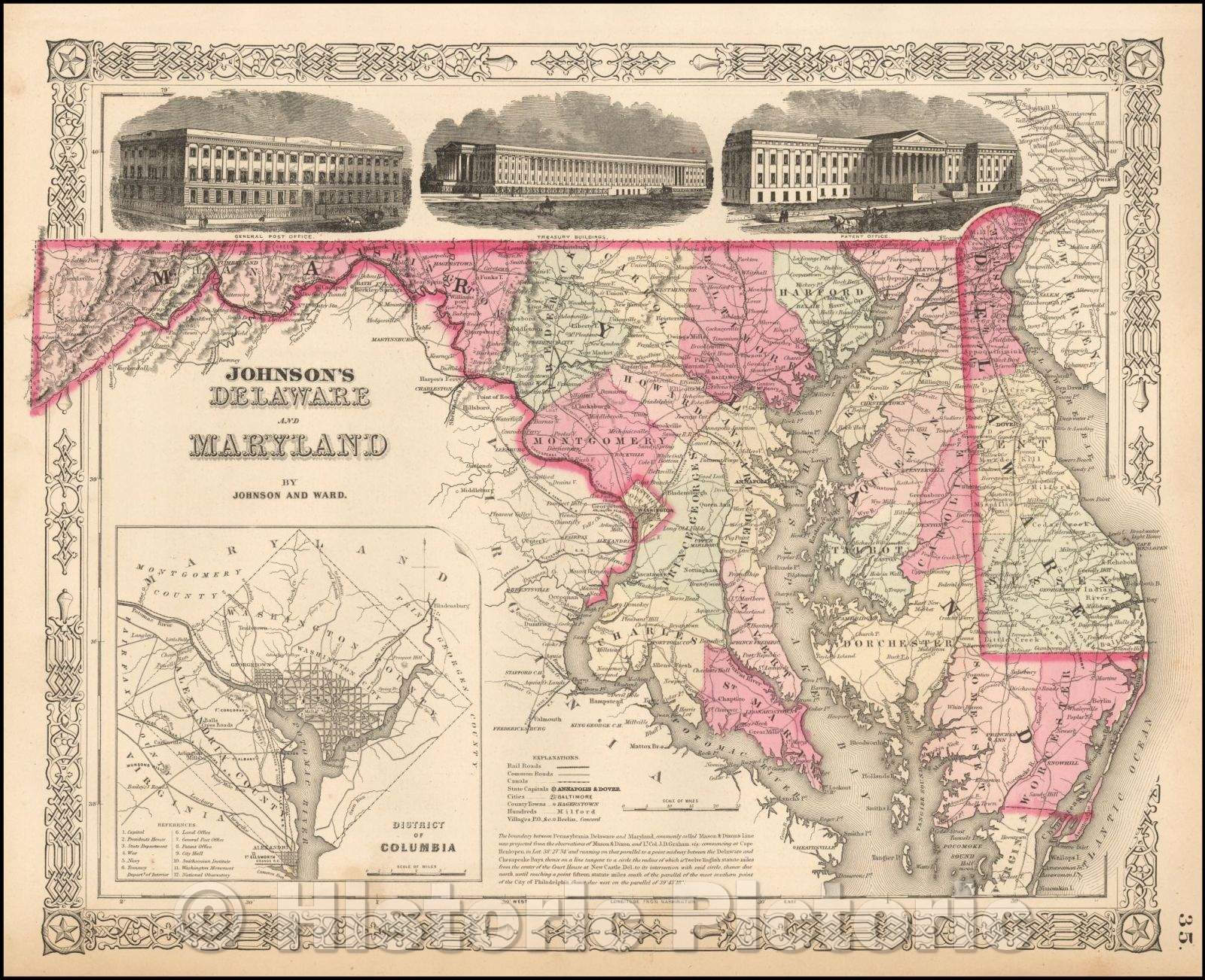 Historic Map - Johnson's Delaware and Maryland [Inset map of Washington DC], 1864, Benjamin P Ward - Vintage Wall Art