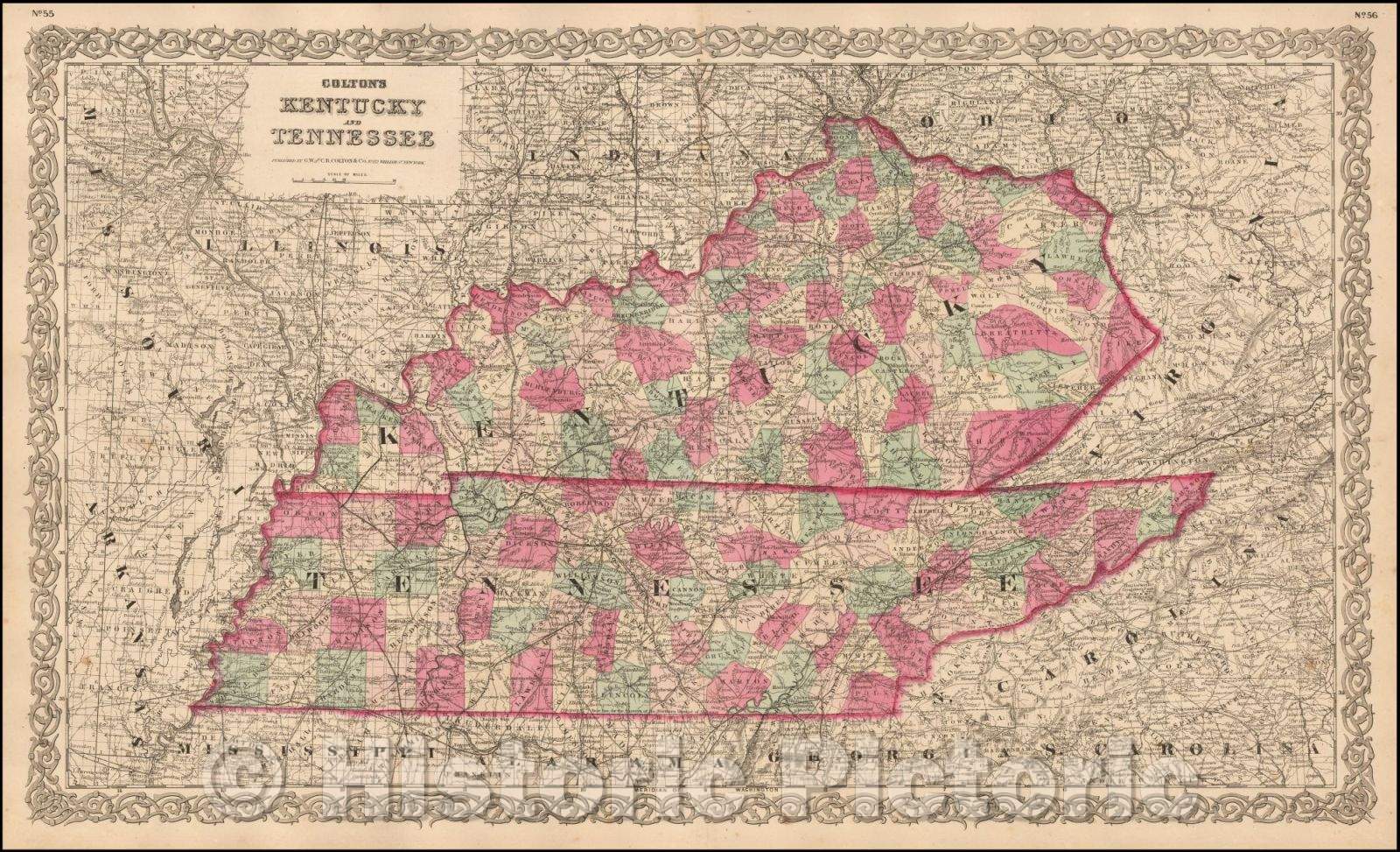 Historic Map - Colton's Kentucky and Tennessee, 1866, G.W. & C.B. Colton - Vintage Wall Art