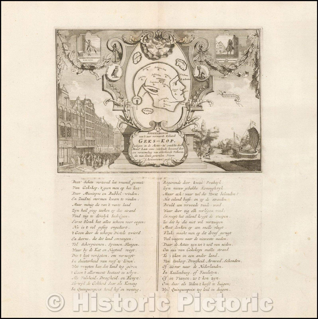 Historic Map - (Fools Cap) Afbeeldinge van't zeer vermaarde Eiland Geks-Kop. :: The Fools Cap - An Iconic Satirical Image of the Mississippi Bubble Scheme, 1720 - Vintage Wall Art