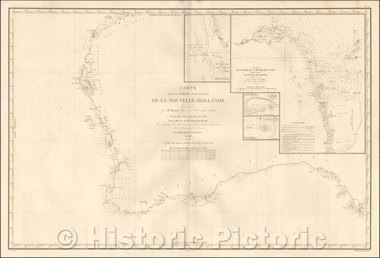 Historic Map - Carte De La Partie Sud-Ouest De La Nouvelle-Hollande Dressee par Mr. Daussy/Sea Chart of Southwestern Australia, 1846, Depot de la Marine - Vintage Wall Art