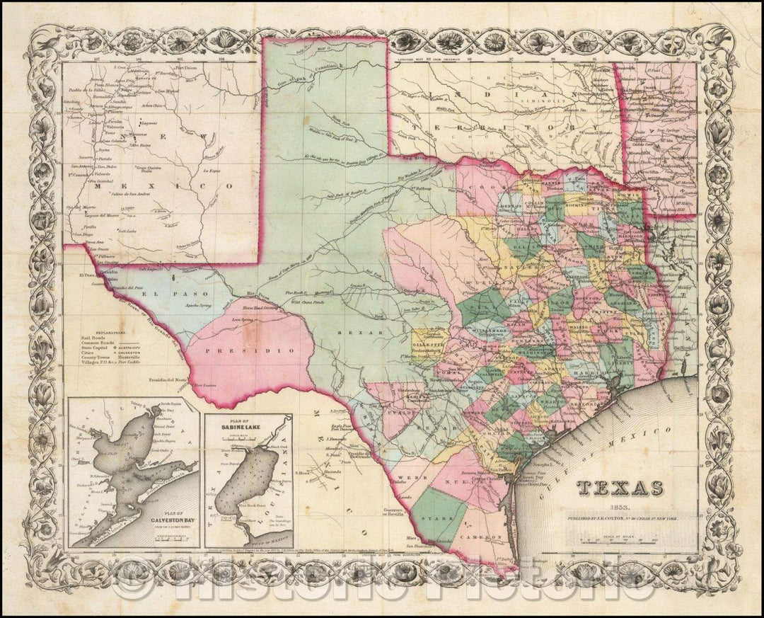 Historic Map - Texas, 1853, Joseph Hutchins Colton - Vintage Wall Art