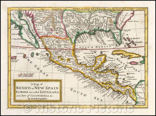 Historic Map - A Map of Mexico or New Spain, Florida now called Louisiana and Part of California, 1708, Herman Moll - Vintage Wall Art