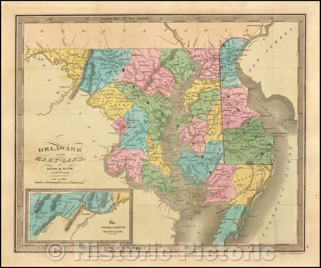 Historic Map - Delaware and Mary-Land, 1836, David Hugh Burr - Vintage Wall Art