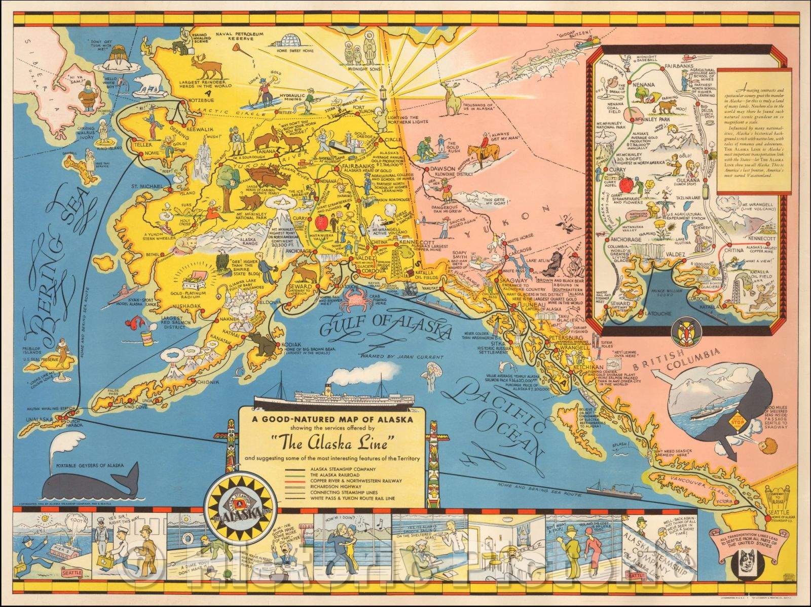 Historic Map - A Good-Natured Map of Alaska showing the services offered, 1939, Edward Camy - Vintage Wall Art