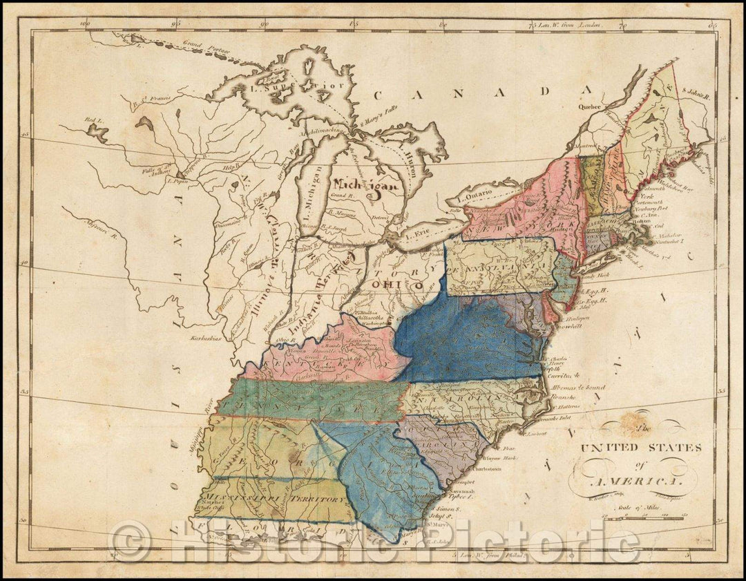 Historic Map - The United States of America, 1796, William Barker - Vintage Wall Art