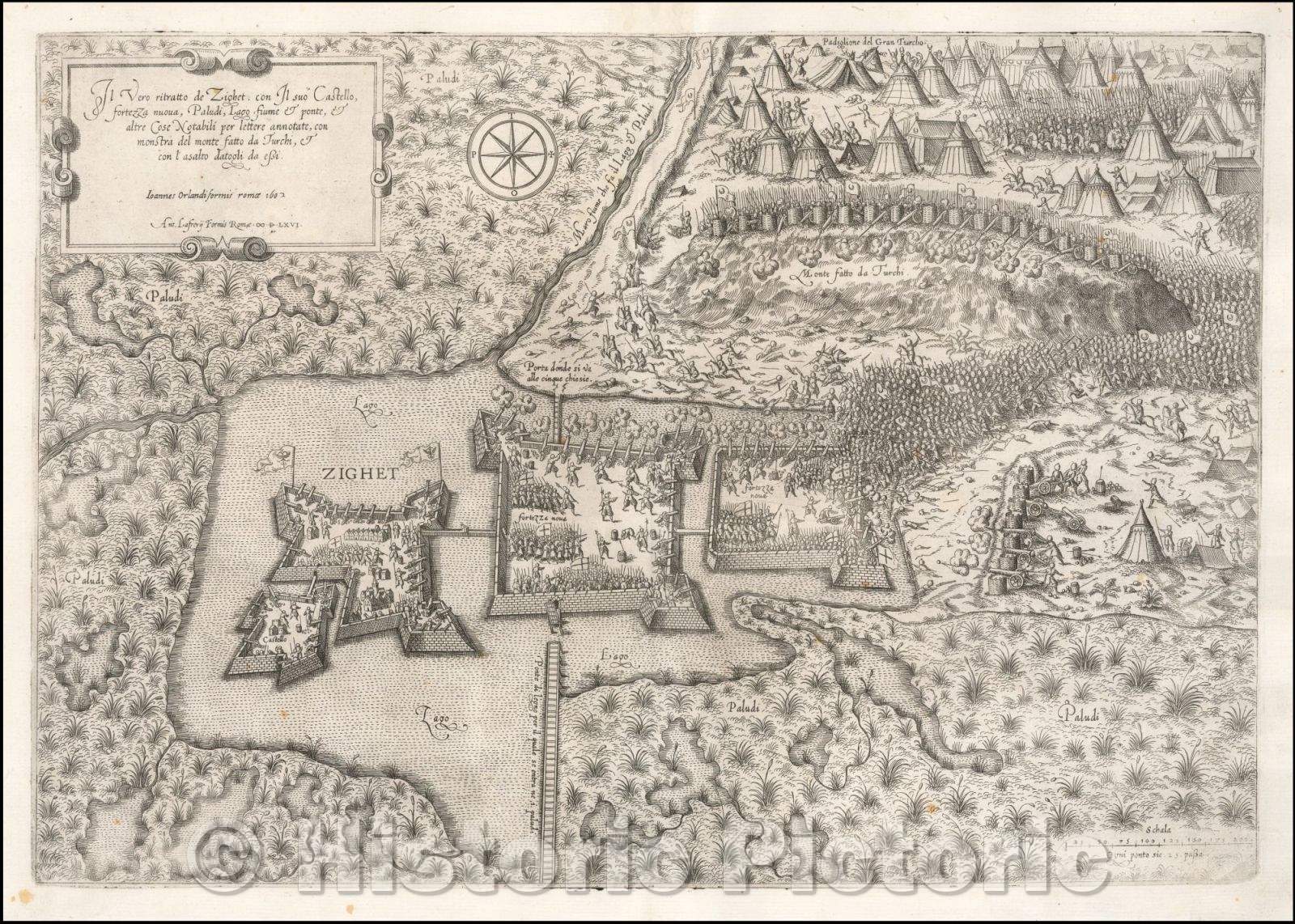 Historic Map - The Battle That Saved Civilization Il Vero ritratto de Zighet con Il suo Castello, fortezza nuova, Paludi, Lago fiume, altre Cose Notabili, 1566 v2