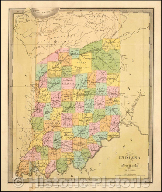 Historic Map - Indiana, 1836, David Hugh Burr - Vintage Wall Art