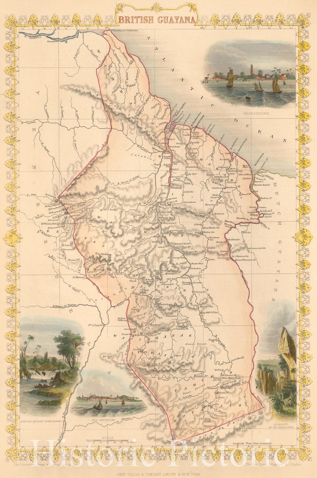 Historic Map - British Guayana/Vignettes of Christmas Cataract on the River Berbice, New Amsterdam, Ataraipu and Georgetown, 1851, John Tallis - Vintage Wall Art