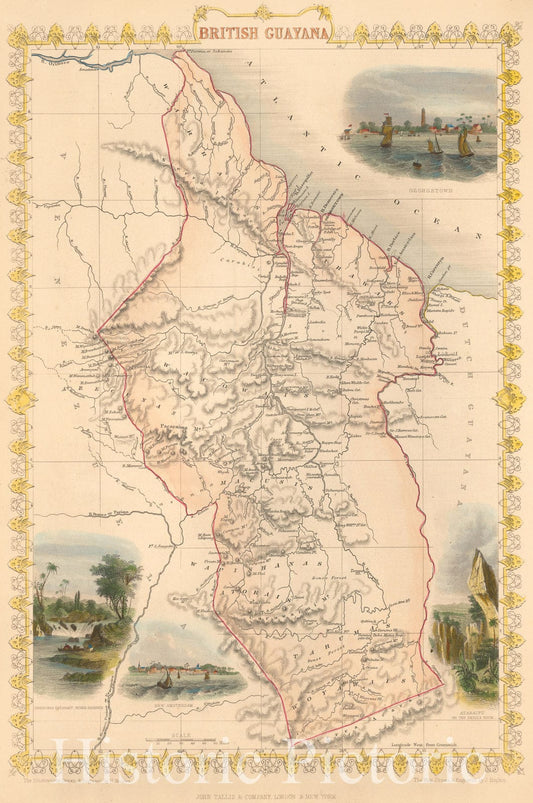 Historic Map - British Guayana/Vignettes of Christmas Cataract on the River Berbice, New Amsterdam, Ataraipu and Georgetown, 1851, John Tallis - Vintage Wall Art