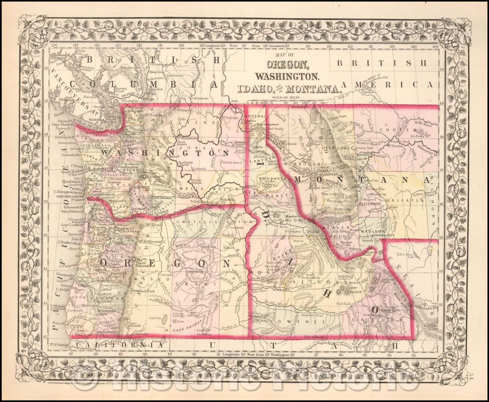 Historic Map - Map of Oregon, Washington, Idaho and part of Montana, 1866, Samuel Augustus Mitchell Jr. - Vintage Wall Art
