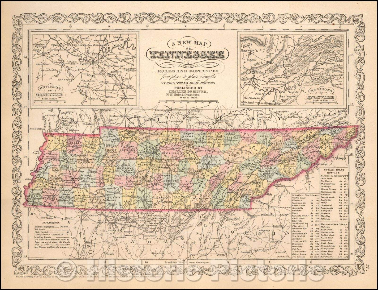 Historic Map - Tennessee with its Roads and Distances from Place to Place, along the Stage & Steam Boat Routes, 1856, Charles Desilver - Vintage Wall Art