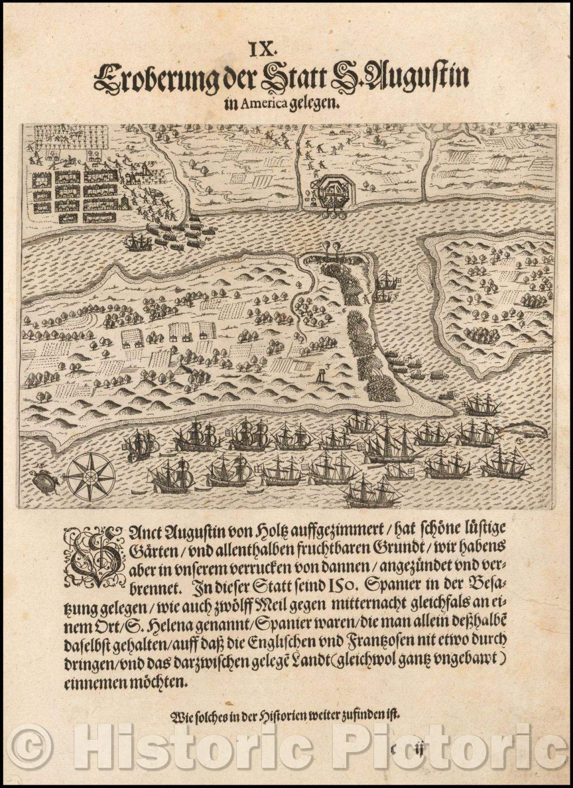 Historic Map - Drake's Attack on St. Augustine, Florida, 1599, Theodor De Bry - Vintage Wall Art