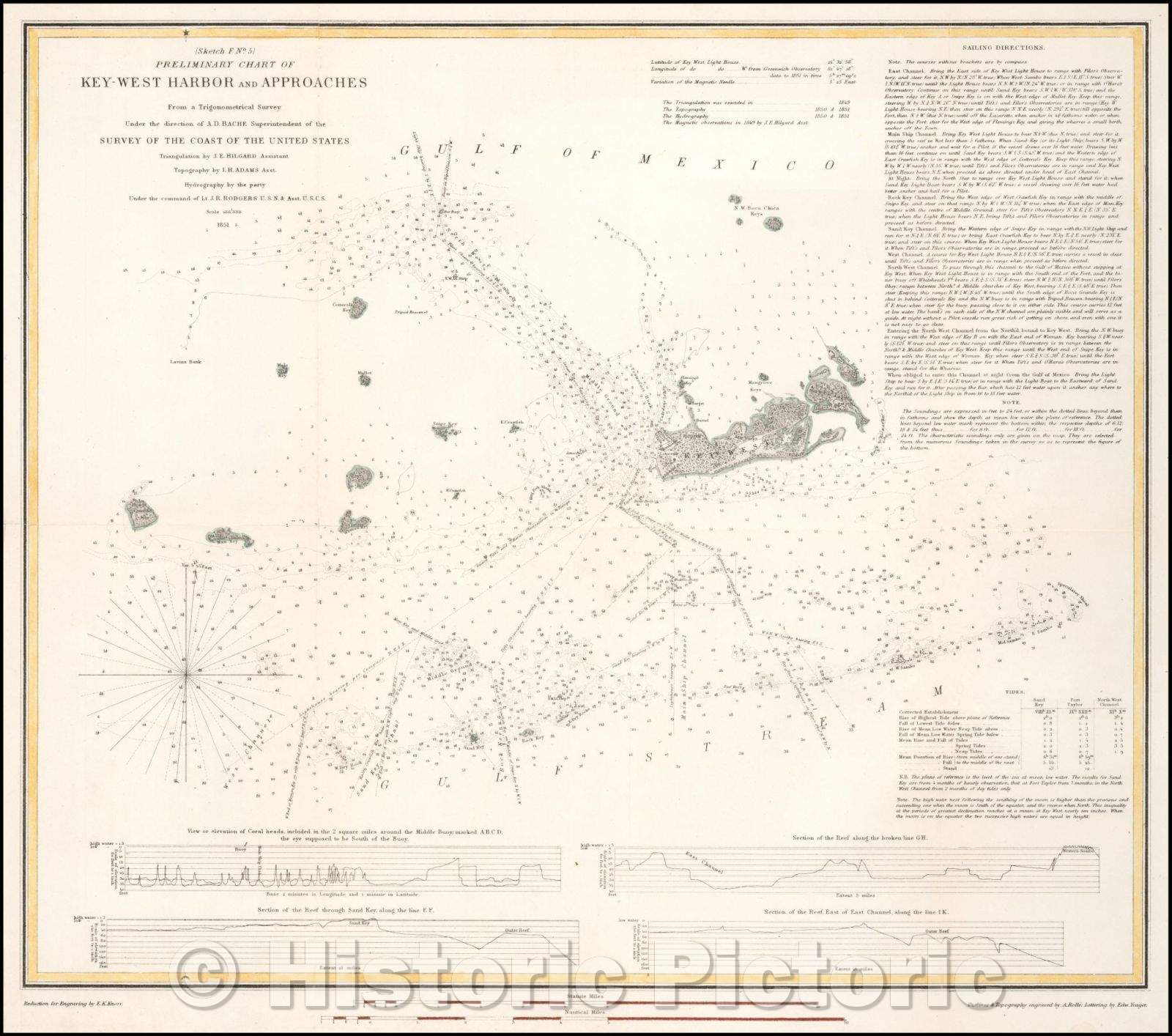Historic Map - Preliminary Chart of Key-West Harbor and Approaches, 1851, United States Coast Survey - Vintage Wall Art
