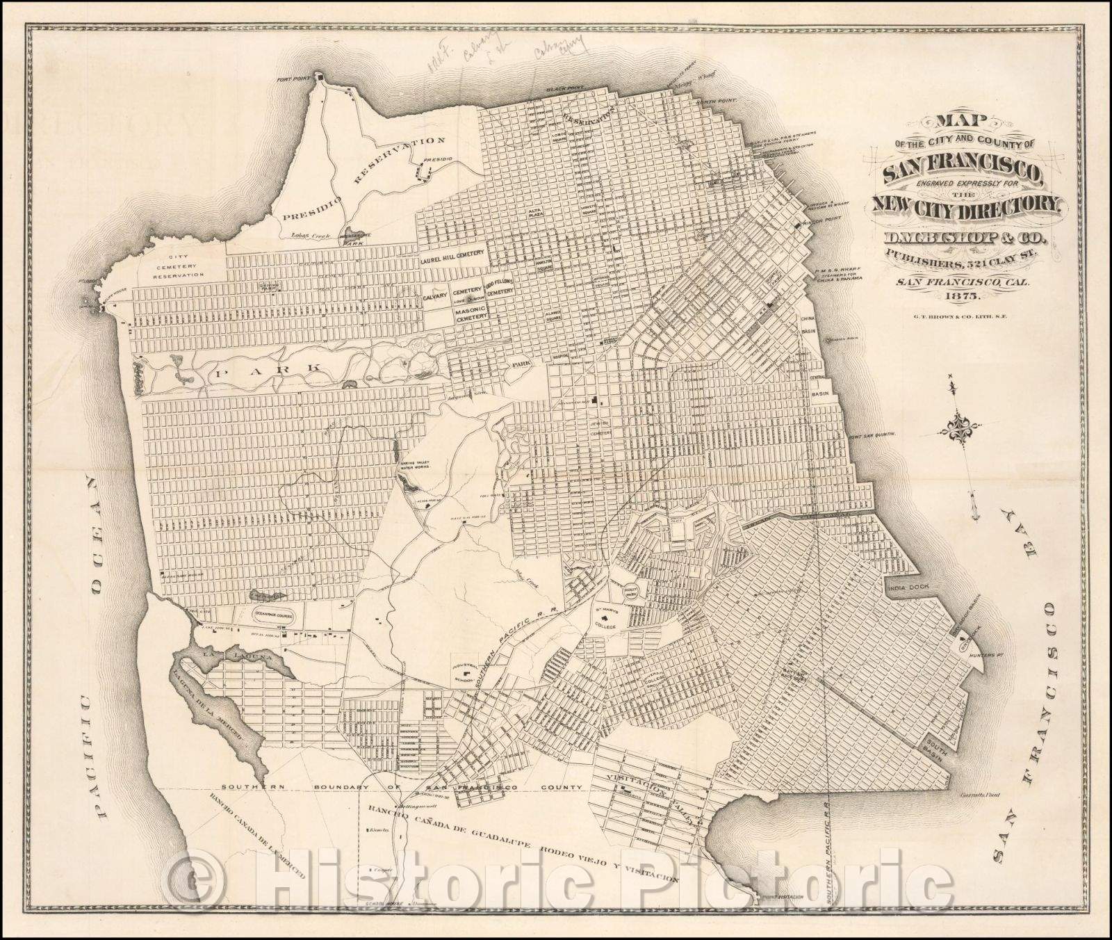 Historic Map - Map of the City and County of San Francisco, Engraved Expressly For The New City Directory. D. M. Bishop & Co, 1875, Grafton Tyler Brown & Co. - Vintage Wall Art