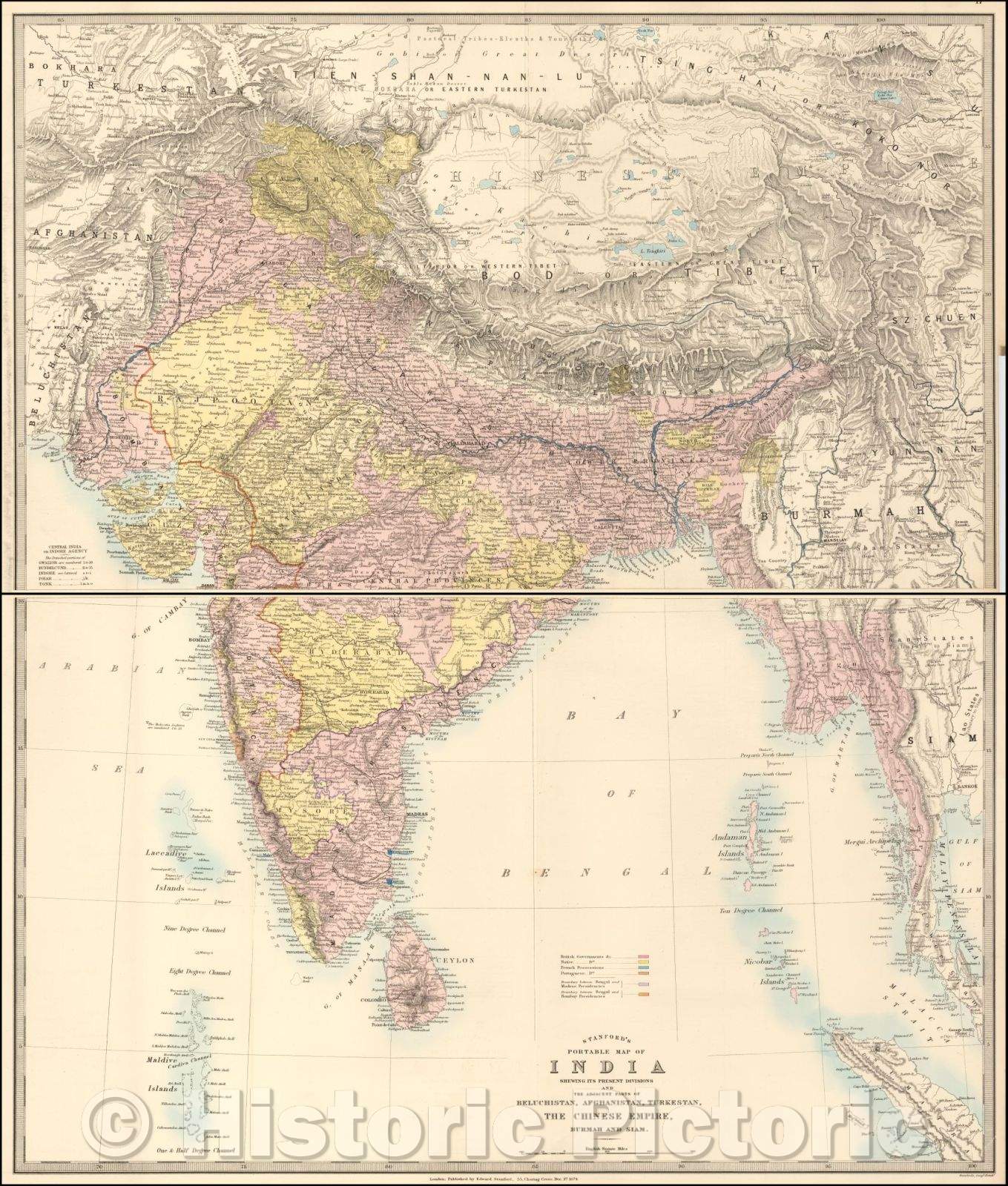 Historic Map - Stanford's Portable Map of India Shewing its Present Divisions and Adjacent Parts, 1874, Edward Stanford - Vintage Wall Art