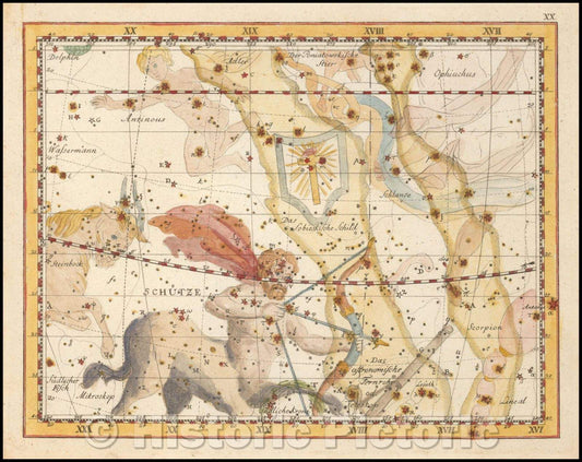 Historic Map - Schutze and Das Sobieskisch Schild (Sagittarius and Sobieski's Shield) / Star Chart centered the constellations Sagittarius and Scutum, 1805 - Vintage Wall Art
