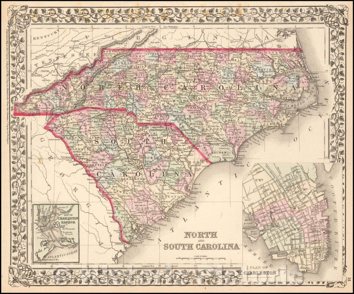 Historic Map - North and South Carolina [with Plan of Charleston], 1888, Samuel Augustus Mitchell Jr. v2