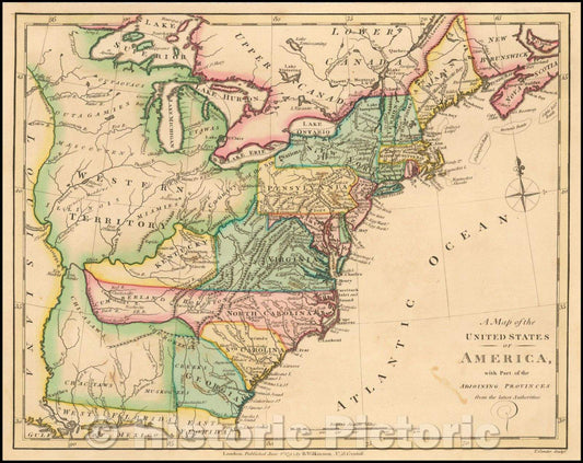 Historic Map - United States of America, with Part of the Adjoining Provinces from the latest Authorities, 1794, Robert Wilkinson - Vintage Wall Art