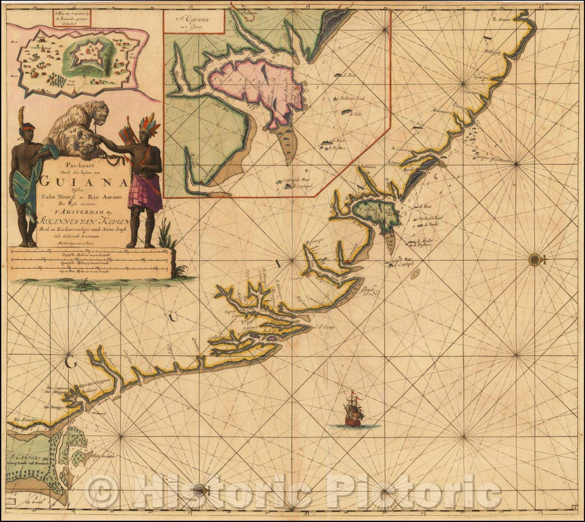 Historic Map - Pas-kaart Van de Zee-kusten van Guiana Tusschen Cabo Noord/Dutch Sea Chart of the coast of French Guyana, Island and fort of Cayenne, - Vintage Wall Art