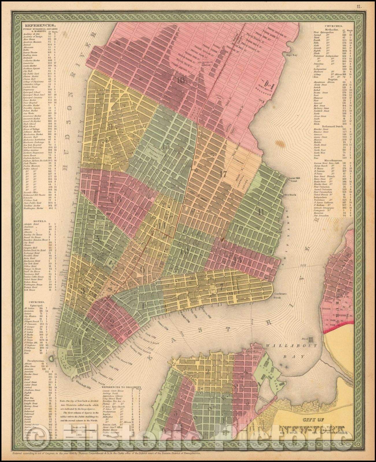 Historic Map - City of New-York, 1852, Thomas, Cowperthwait & Co. - Vintage Wall Art