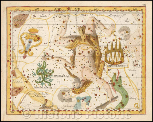Historic Map - Nordliche Krone & Herkules/Chart published by Johann Elert Bode (1747-1826), in his Vorstellung der Gestirne auf XXXIV Tafeln, 1805, 1805 - Vintage Wall Art