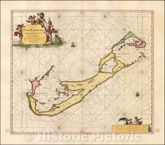 Historic Map - Pas Kaart van I. La Barmuda Anders Sommer Ilands int Groot door, 1682, Johannes Van Keulen - Vintage Wall Art