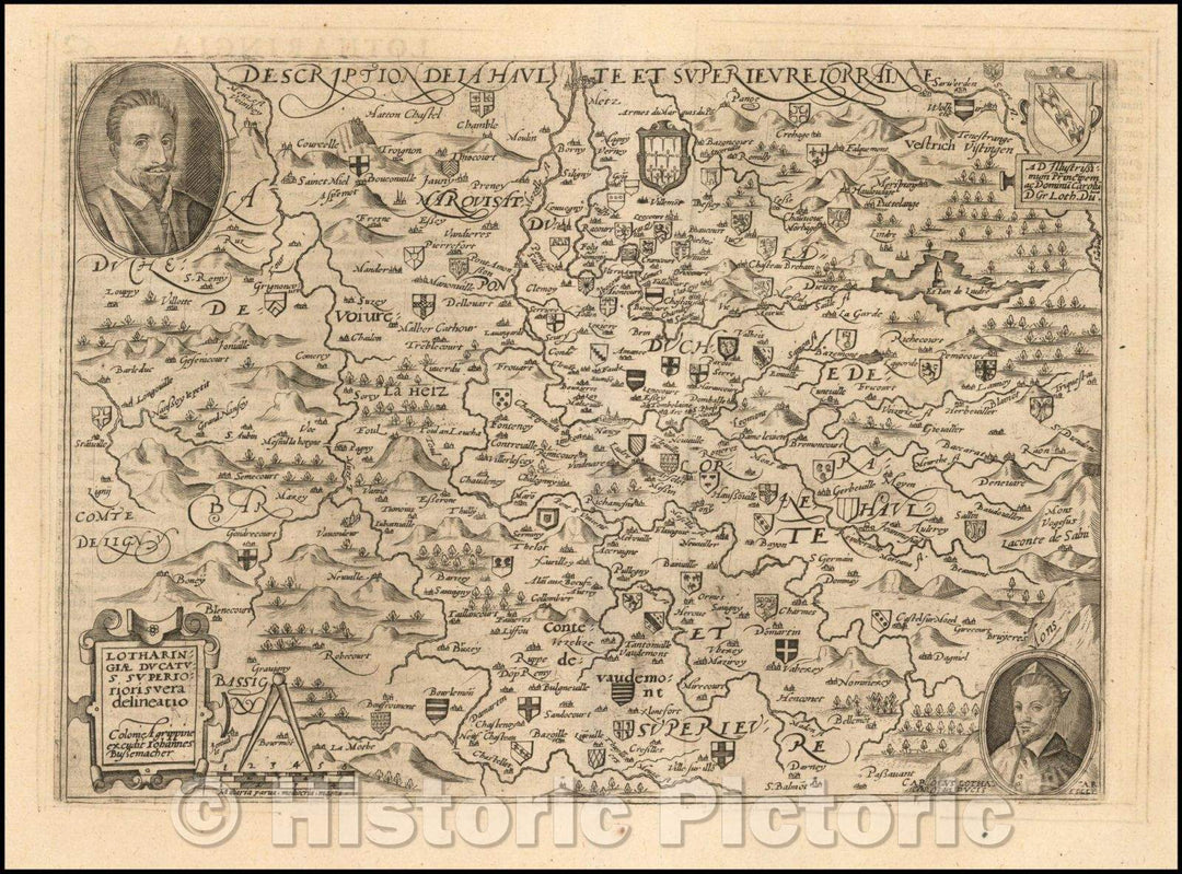 Historic Map - Lotharingiae Ducatus Superioris vera delineatio/Map of the Lotharingau Inferioris Region of France, 1592, Matthias Quad - Vintage Wall Art