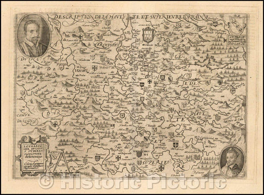 Historic Map - Lotharingiae Ducatus Superioris vera delineatio/Map of the Lotharingau Inferioris Region of France, 1592, Matthias Quad - Vintage Wall Art