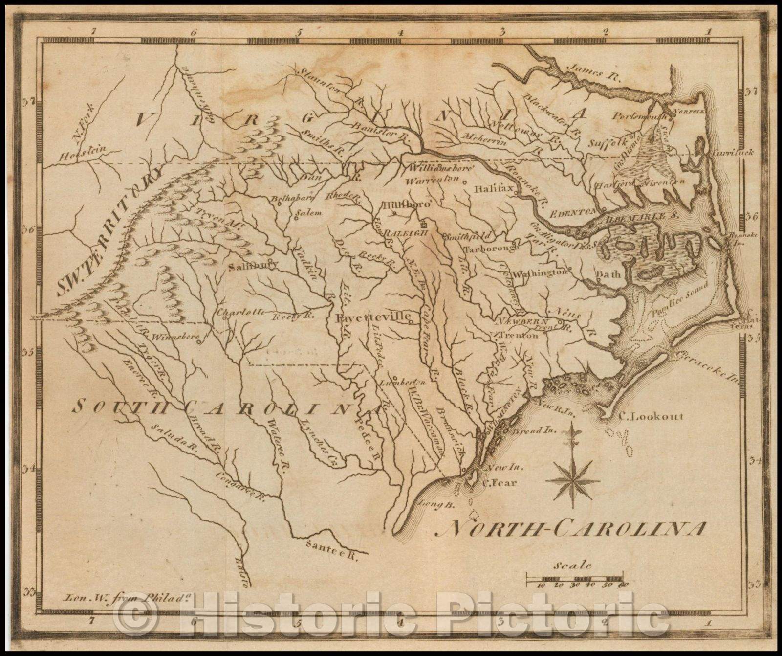 Historic Map - North Carolina, 1795, Joseph Scott - Vintage Wall Art