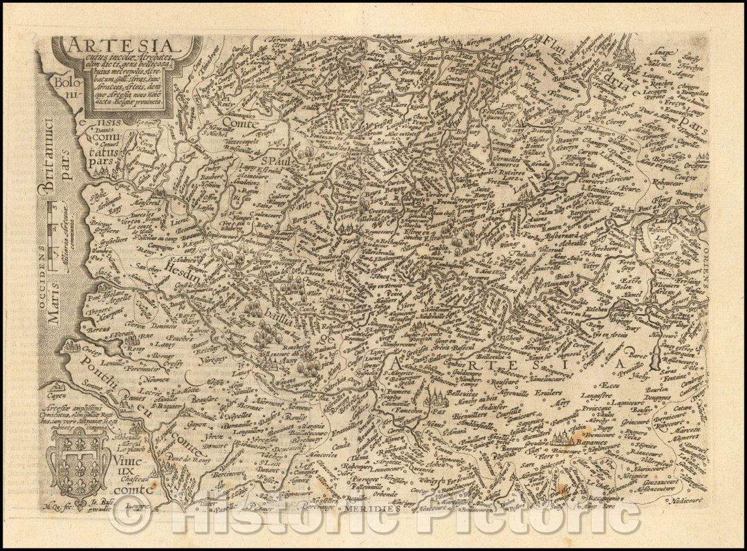 Historic Map - Artesia cuius incolae Atrebates olim dicti/Map of the Arras Region of France, 1592, Matthias Quad - Vintage Wall Art