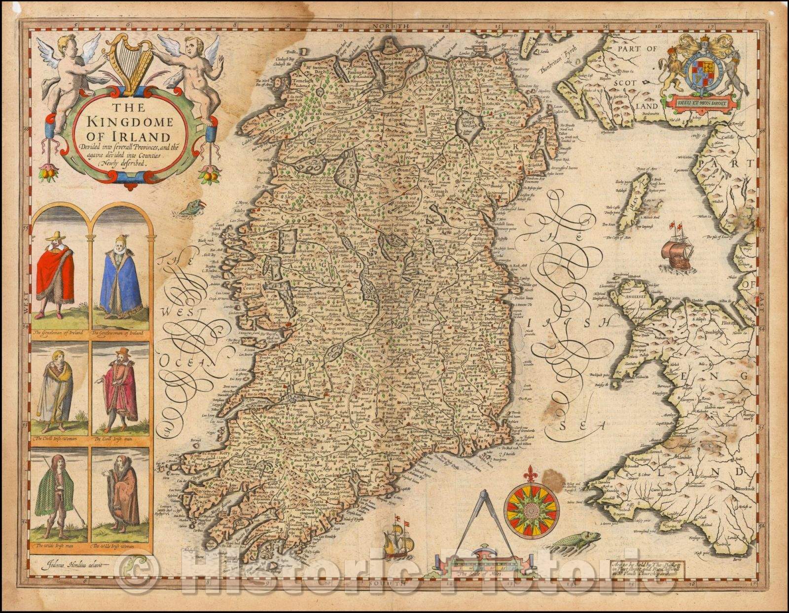 Historic Map - The Kingdome of Irland Devided into severall Provinces and the againe devided into Counties Newly described, 1676, John Speed - Vintage Wall Art