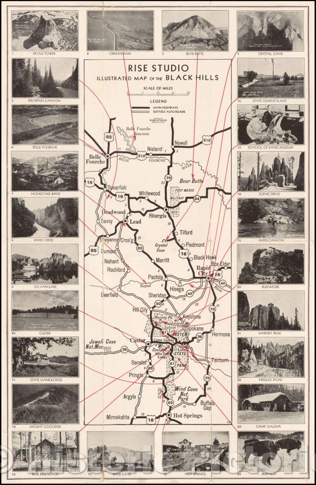 Historic Map - Rise Studio Illustrated Map of the Black Hills, 1925, Rise Studios - Vintage Wall Art