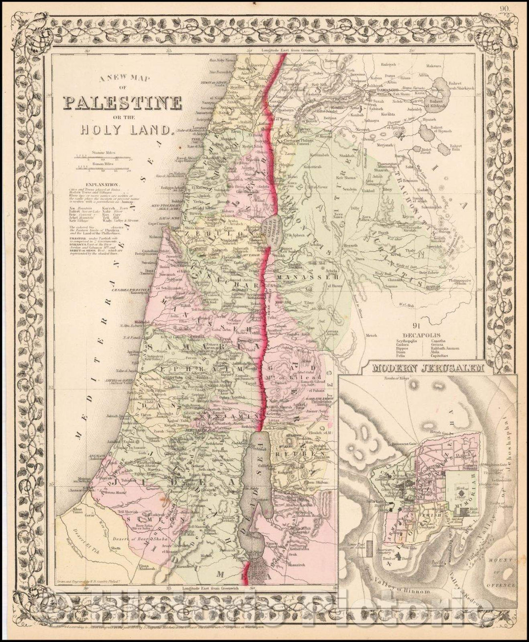 Historic Map - Palestine or the Holy Land, 1888, Samuel Augustus Mitchell Jr. - Vintage Wall Art