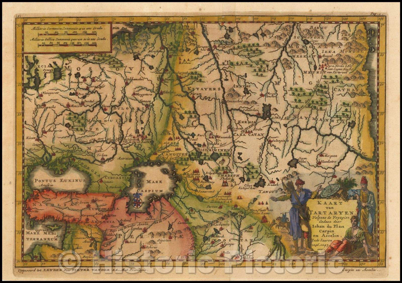 Historic Map - Kaart van Tartaryen Vogens de Voyagien door Johan du Plan Carpin en Acelin :: Region from the Caspian to Cathay, Catholic Embassies, 1707 - Vintage Wall Art