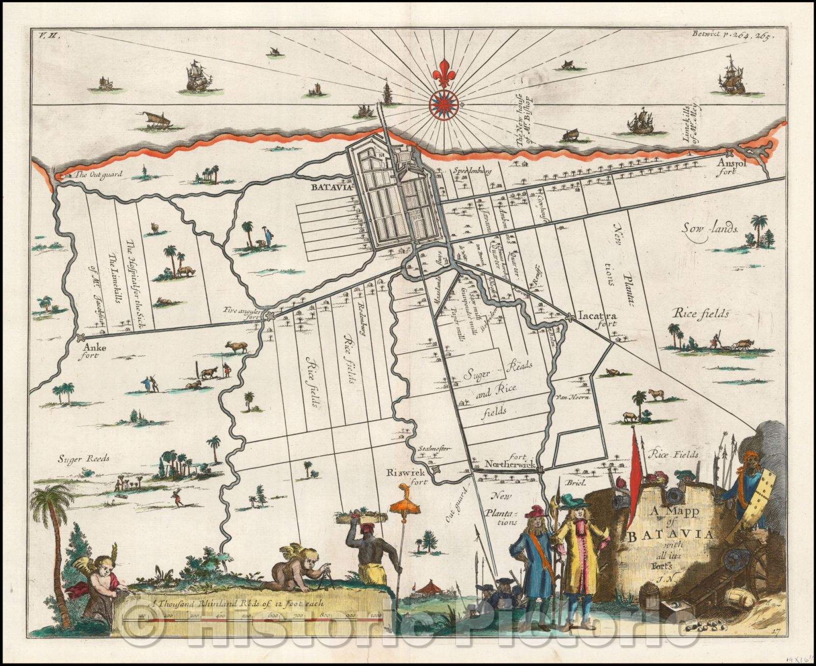 Historic Map - A Mapp of Batavia with all its Forts, 1705, Herman Moll - Vintage Wall Art