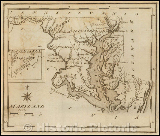 Historic Map - Maryland, 1795, Joseph Scott - Vintage Wall Art