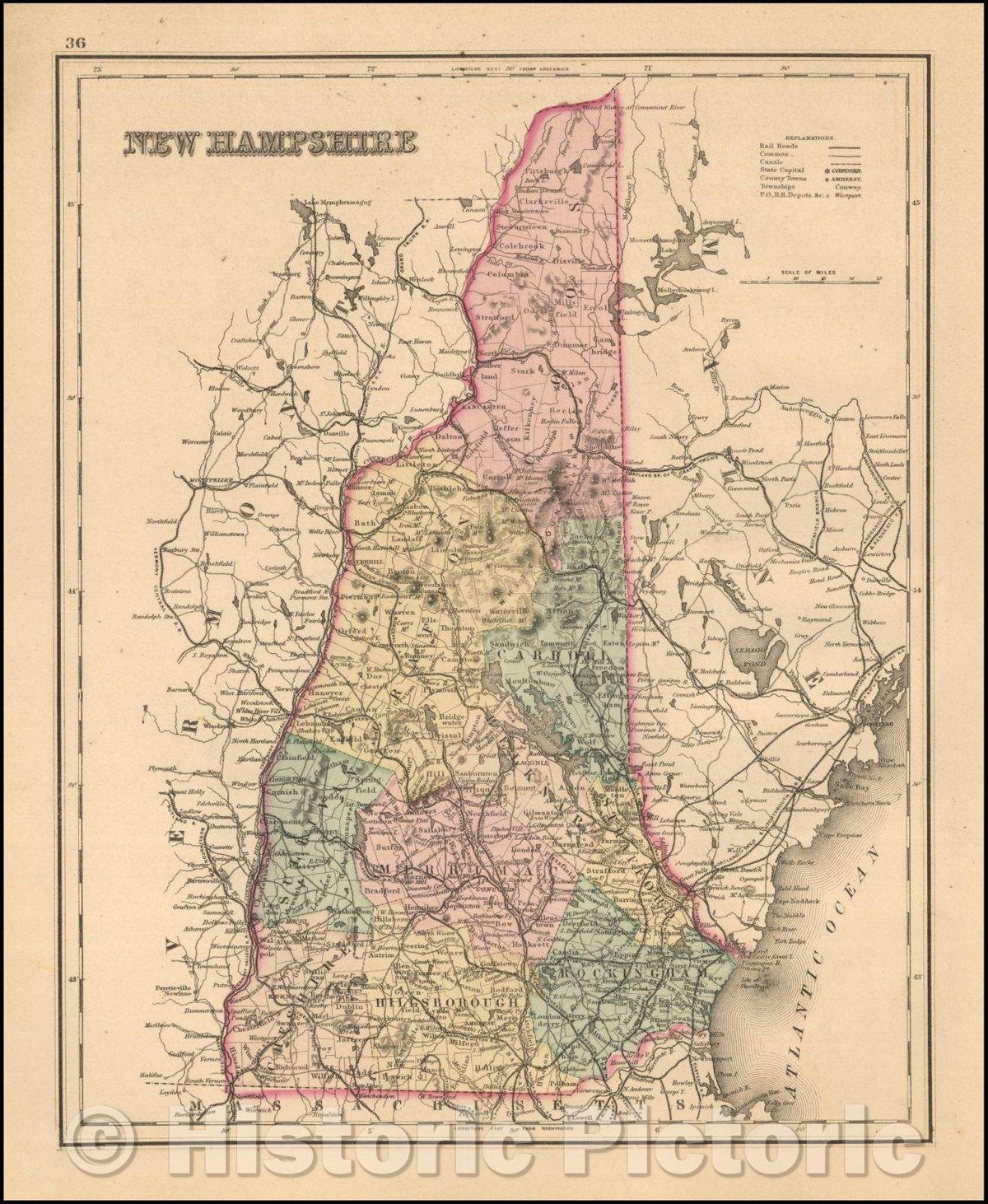 Historic Map - New Hampshire, 1876, O.W. Gray - Vintage Wall Art