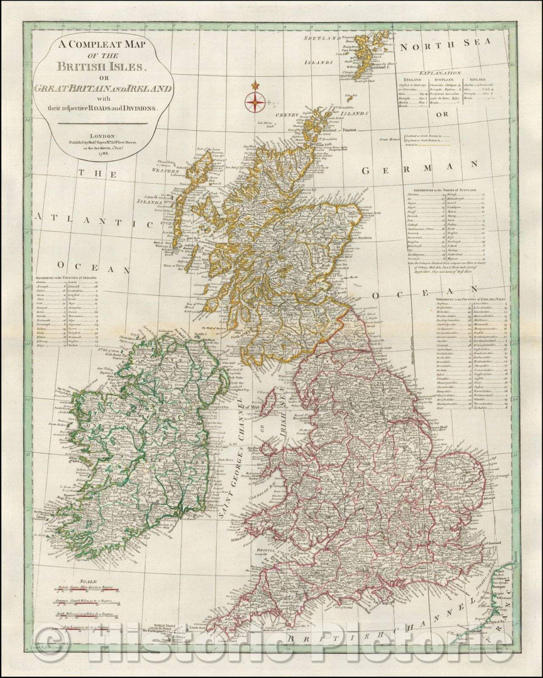 Historic Map - A Compleat Map of the British Isles, or Great Britain And Ireland; with their respective Roads and Divisions, 1788, Robert Sayer - Vintage Wall Art