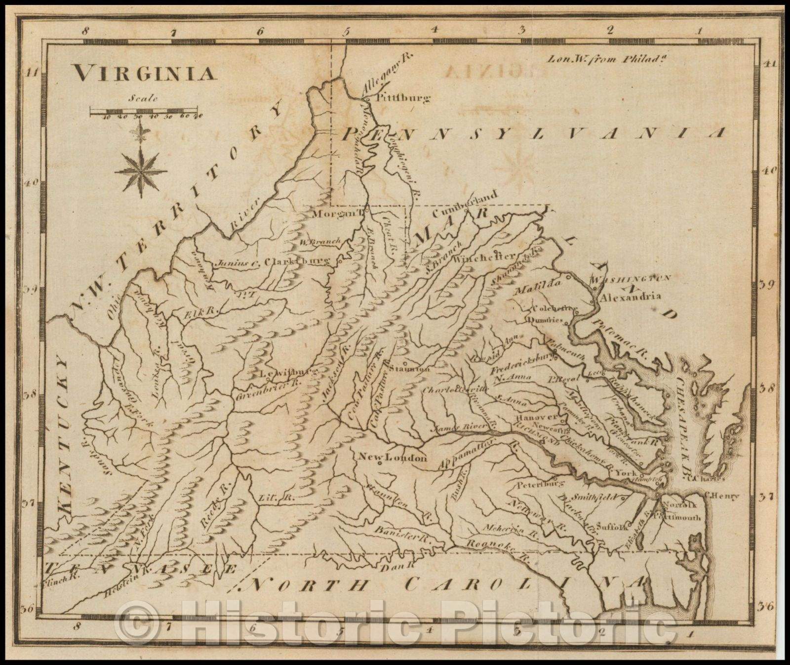 Historic Map - Virginia, 1795, Joseph Scott - Vintage Wall Art
