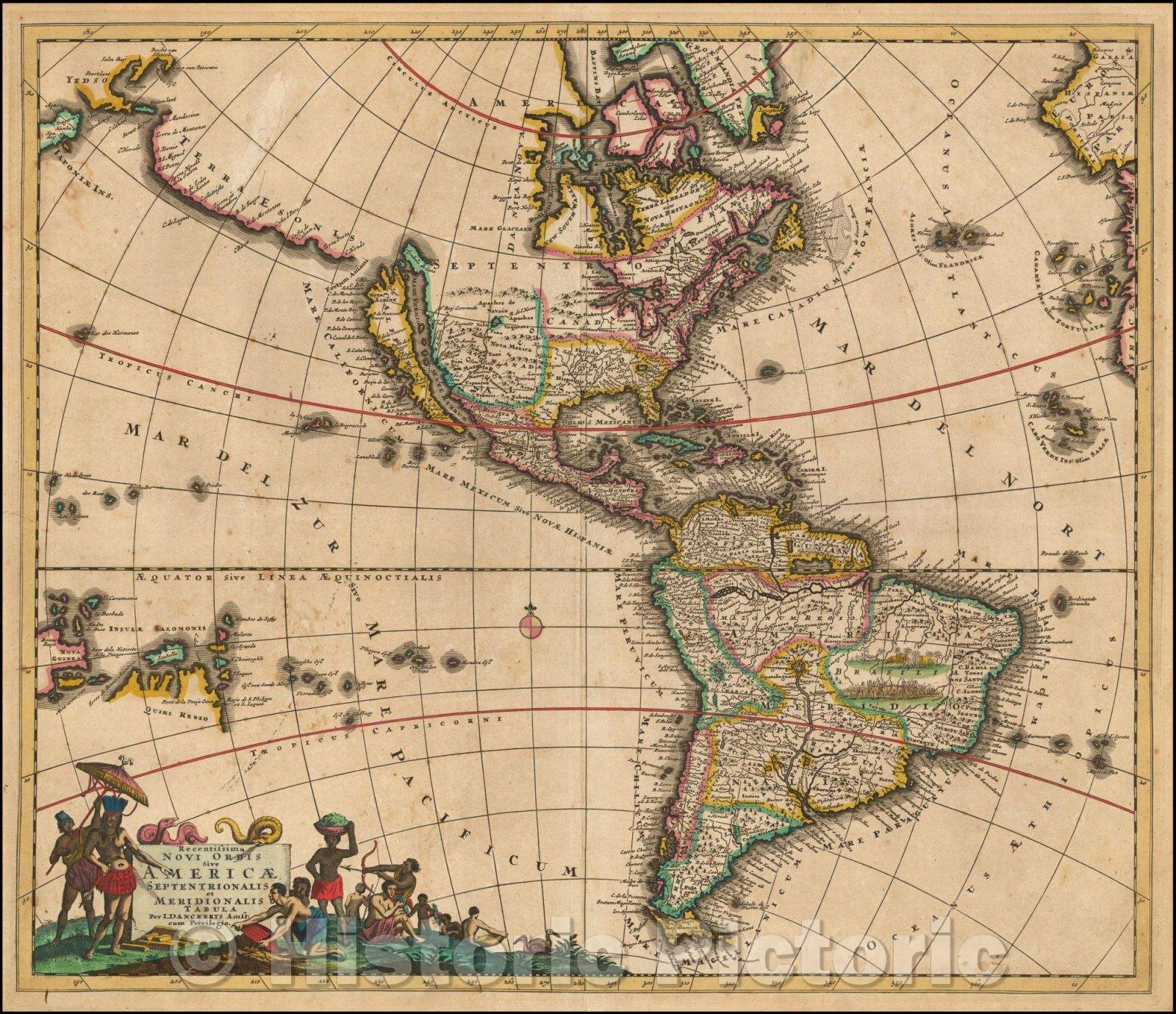 Historic Map - Recentissima Novi Orbis Sive Americae Septentrionalis et Meridionalis Tabula, 1696, Justus Danckerts - Vintage Wall Art