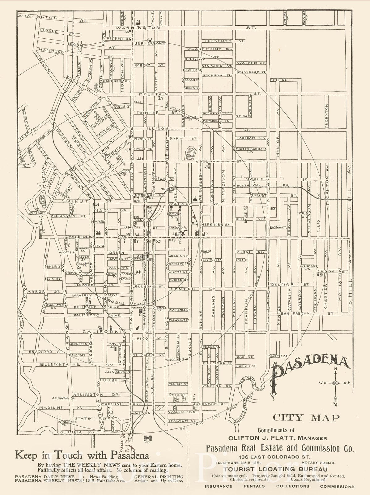 Historic Map - Pasadena City Map (and Guide), 1902, Pasadena Real Estate and Commission Co. - Vintage Wall Art