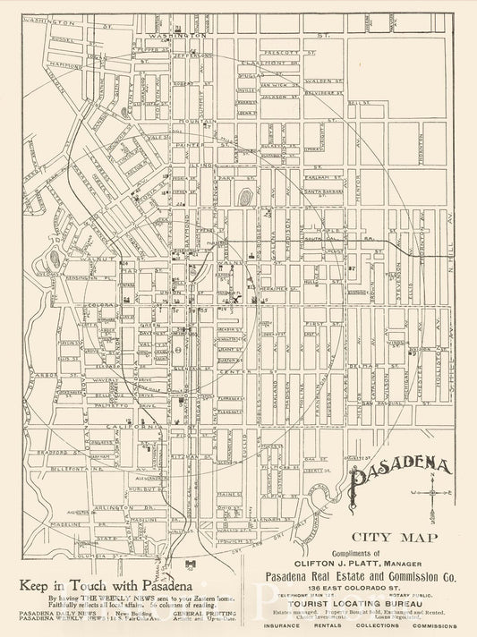 Historic Map - Pasadena City Map (and Guide), 1902, Pasadena Real Estate and Commission Co. - Vintage Wall Art