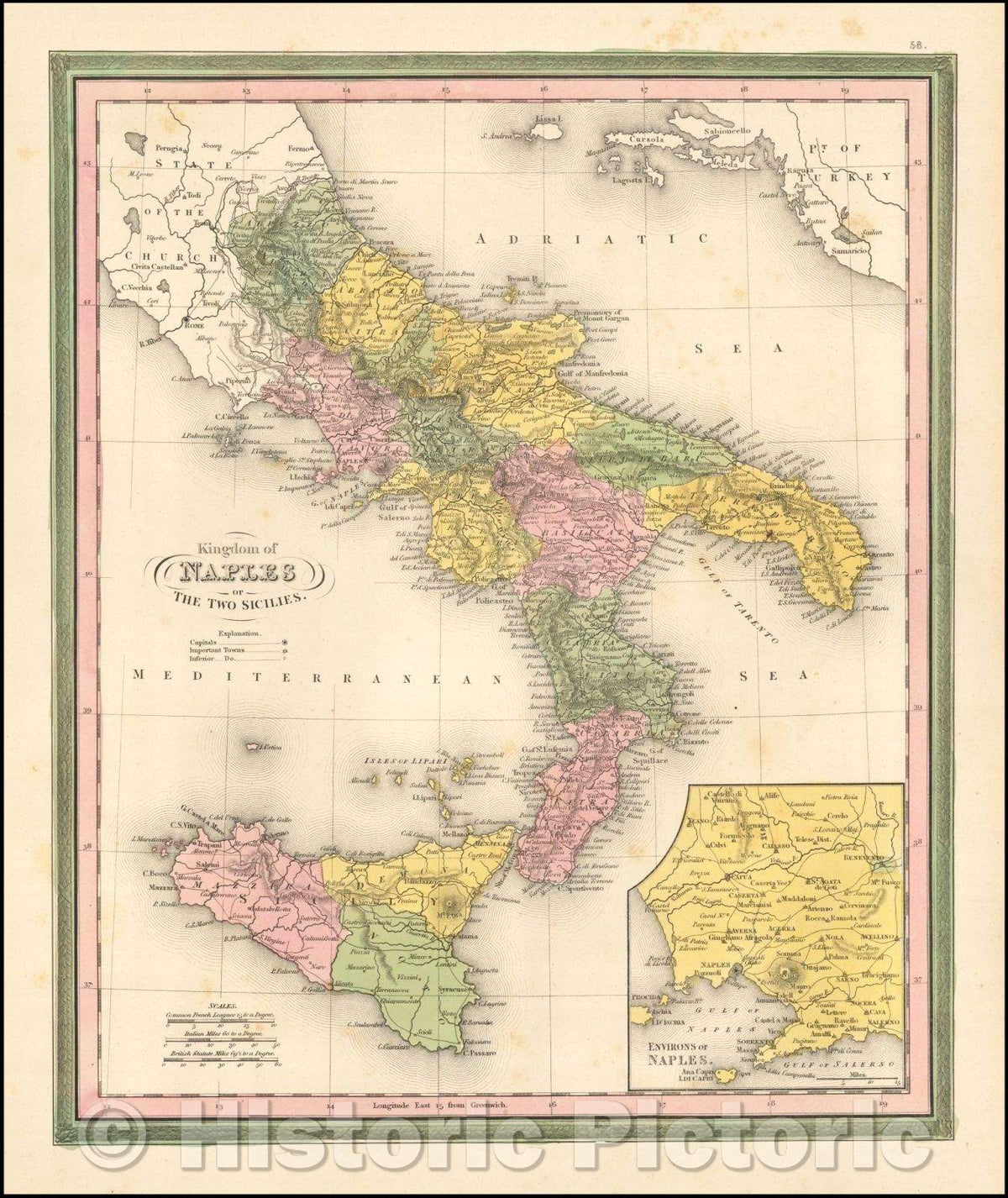Historic Map - Kingdom of Naples or The Two Sicilies, 1846, Samuel Augustus Mitchell - Vintage Wall Art