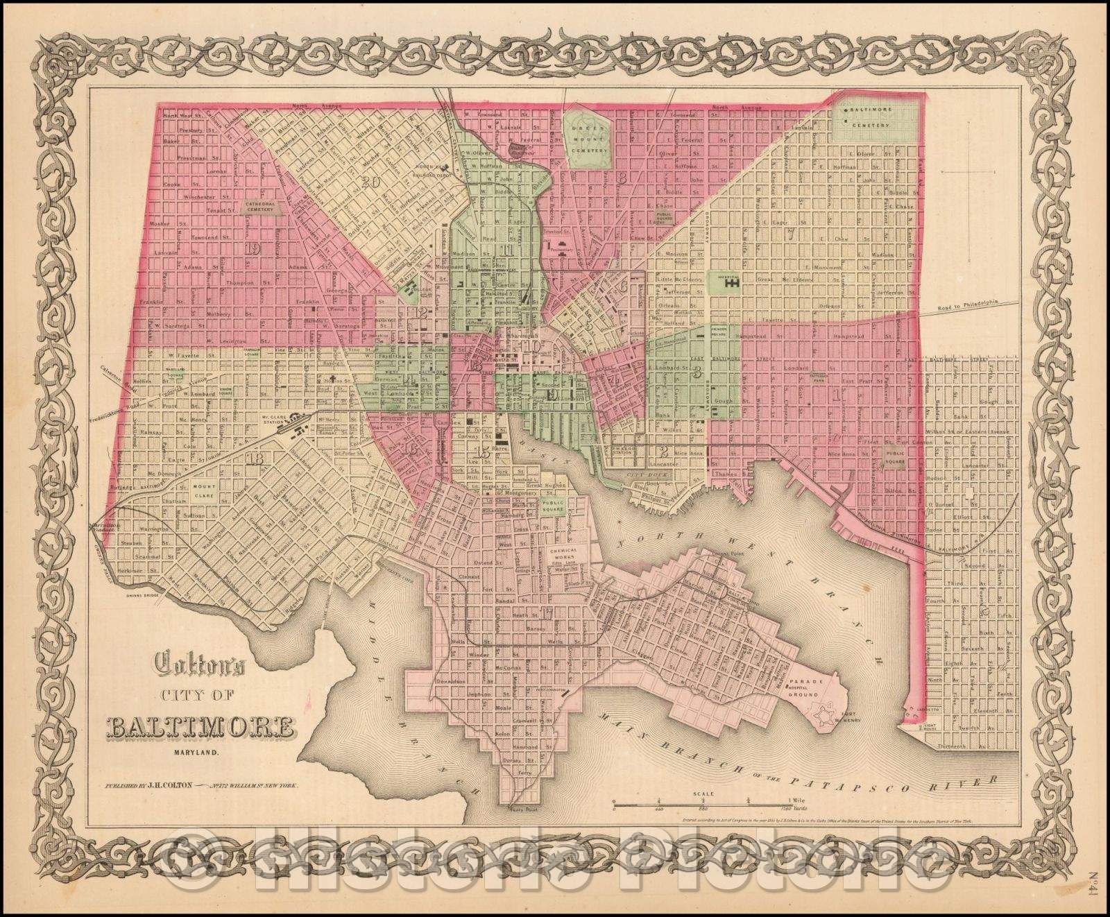 Historic Map - City of Baltimore Maryland, 1865, Joseph Hutchins Colton - Vintage Wall Art