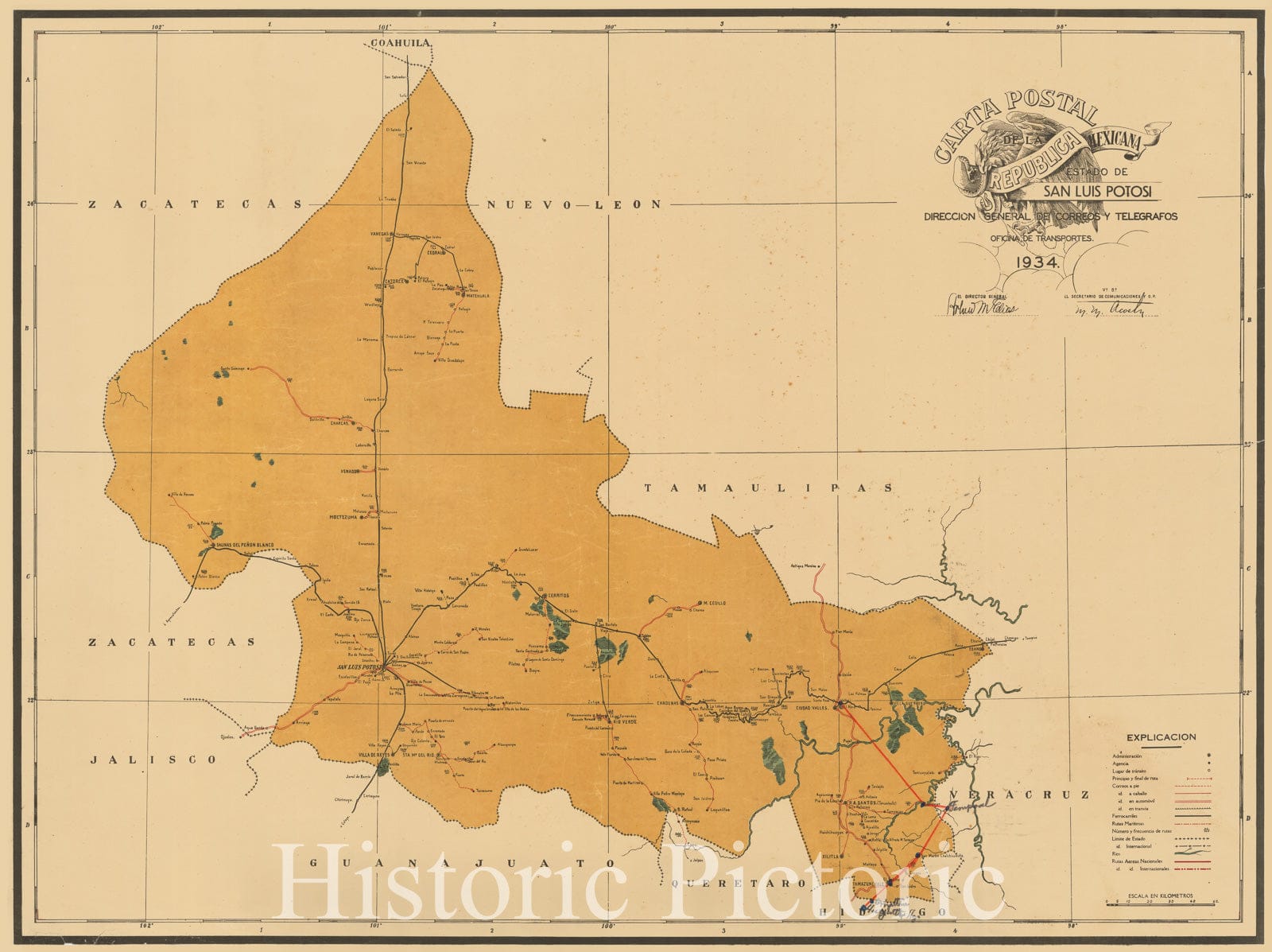 Historic Map - Carta Postal de la Republica Mexicana Estado de San Luis Potosi/Postal letter of the Mexican Republic State of San Luis Potosi. 1934, 1934 - Vintage Wall Art