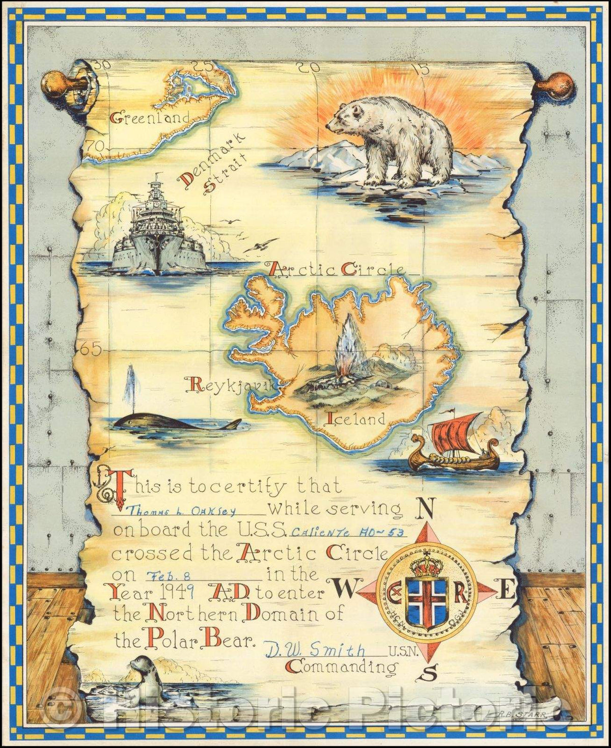 Historic Map - This is to certify that Thomas L. Oakley while Serving on board the U.S.S. Caliente, 1943, R. B. Starr - Vintage Wall Art