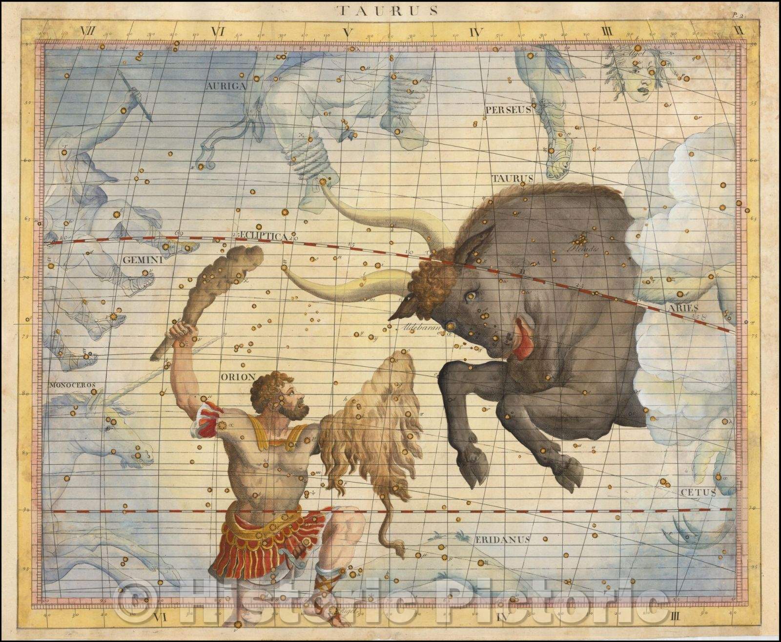 Historic Map - Taurus (and Orion), 1728, John Flamsteed - Vintage Wall Art
