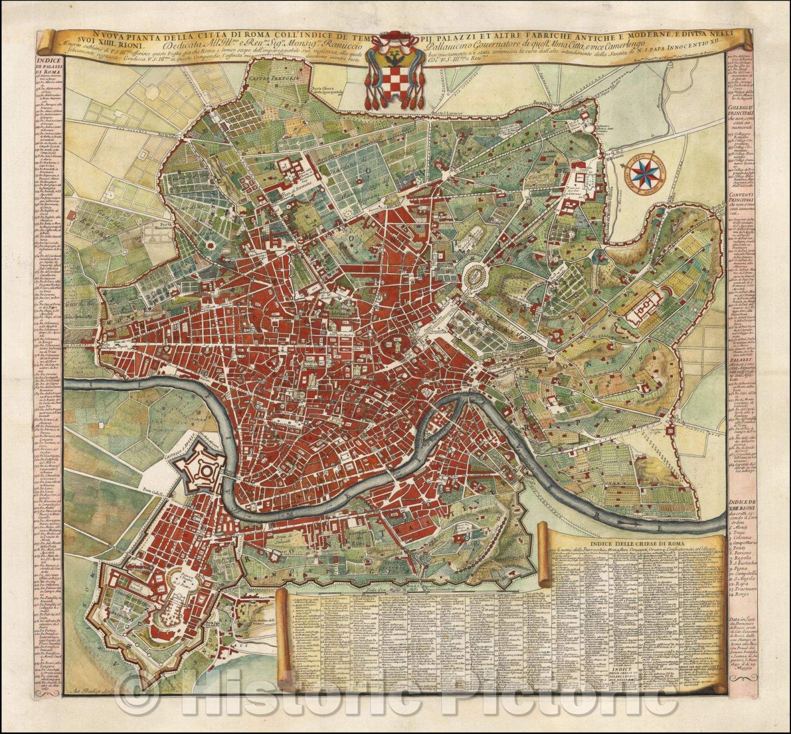 Historic Map - Nuova Pianta Della Citta Di Roma Coll'Indice De Tempij Palazzi Et Altre Fabriche Antiche E Moderne, E Divisa Nelli Suoi, 1697, Domenico Rossi - Vintage Wall Art