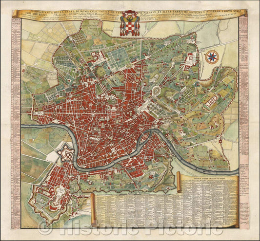 Historic Map - Nuova Pianta Della Citta Di Roma Coll'Indice De Tempij Palazzi Et Altre Fabriche Antiche E Moderne, E Divisa Nelli Suoi, 1697, Domenico Rossi - Vintage Wall Art